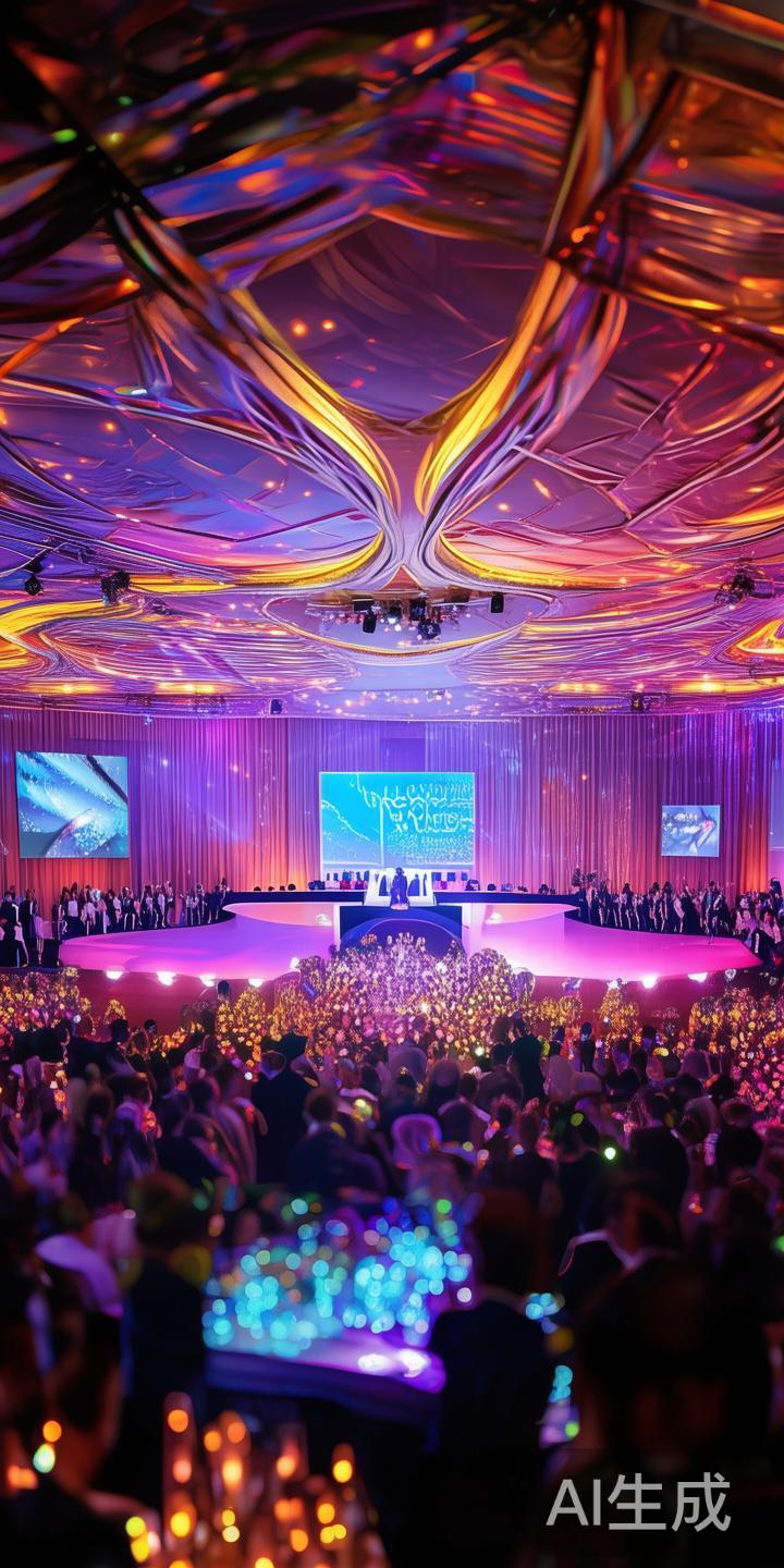 年会现场布置华丽，灯光璀璨，舞台设计精美，吸引了众